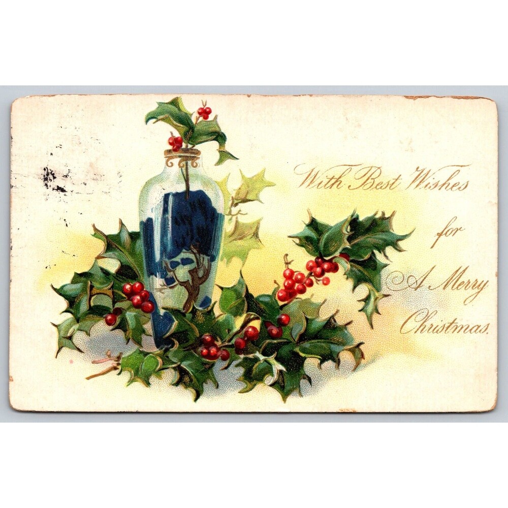 Antique Postcard Merry Christmas Holly Berries Posted 1906 MD Embossed Tuck